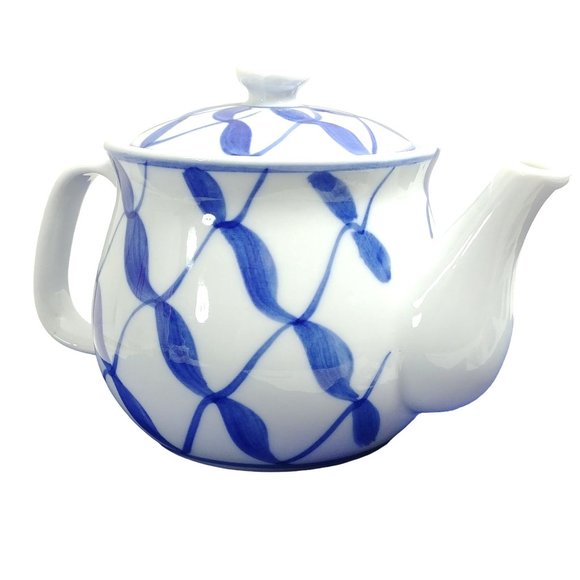 Teapot Asian Japanese Lid Internal Metal Strainer Blue Trellis Chop Marked - Picture 3 of 8